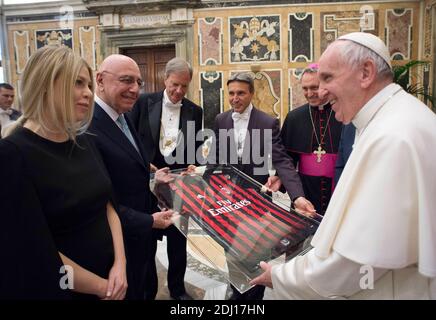 Pope Francis receives an AC Milan jersey by AC Milan CEO Adriano Galliani and deputy chief executive of the club Barbara Berlusconi on May 20, 2016 at the Vatican a day before the final of the Italy’s cup between AC Milan and Juventus. Photo by ABACAPRESS.COM Stock Photo