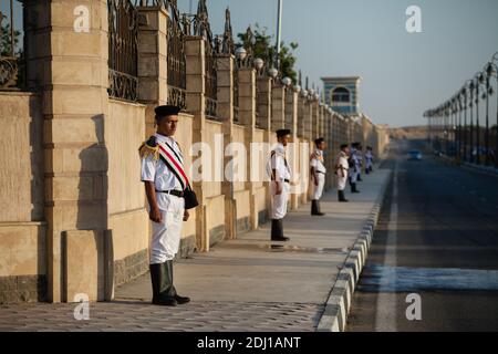 Members of the Egyptian police force stand guard outside the El-Mosheer Tantawy Mosque ahead of the memorial ceremony held by EgyptAir for realtives and family members of EgyptAir staff on flight MS804 on May 23, 2016 in Cairo, Egypt. Egyptian President Abdel Fattah el-Sisi announced Sunday that a submarine will be deployed to search for the flights black box. Photo by Etienne Bouy/ABACAPRESS.COM Stock Photo