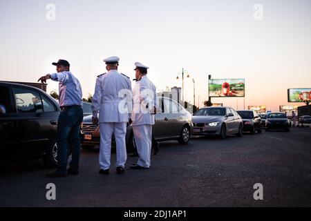 Members of the Egyptian police force stand guard outside the El-Mosheer Tantawy Mosque ahead of the memorial ceremony held by EgyptAir for realtives and family members of EgyptAir staff on flight MS804 on May 23, 2016 in Cairo, Egypt. Egyptian President Abdel Fattah el-Sisi announced Sunday that a submarine will be deployed to search for the flights black box. Photo by Etienne Bouy/ABACAPRESS.COM Stock Photo