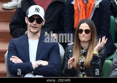 Louis Sarkozy and Capucine Anav in the VIP Tribune during French Tennis Open at Roland-Garros arena in Paris, France on june 1, 2016. Photo byABACAPRESS.COM Stock Photo