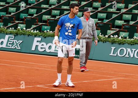 Serbia's Novak Djokovic training with coach Boris Becker at the 2016 BNP Paribas tennis French Open at Roland-Garros Stadium, Paris, France on June 4th, 2016. Photo by Henri Szwarc/ABACAPRESS.COM Stock Photo