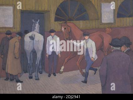 The Horse Mart, Robert Polhill Bevan, 1865–1925, British, 1917 to 1918, Oil on canvas, Support (PTG): 20 x 28 inches (50.8 x 71.1 cm), animal, auction house, bidder, bowler hats, buyer, dealer, headgear, horse (animal), market (building), men, selling, stables, vendor, workers Stock Photo
