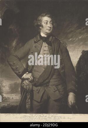 Henry, tenth Earl of Pembroke and seventh Earl of Montgomery, John Dixon, ca. 1740–1811, Irish, after Sir Joshua Reynolds RA, 1723–1792, British, Published by William Wynne Ryland, 1732–1783, British, and Henry Bryer, died in or before 1782, British, 1769, Mezzotint on moderately thick, slightly textured, beige laid paper, Sheet: 18 1/16 x 13 1/16 inches (45.8 x 33.2 cm) and Image: 16 5/8 x 13 1/16 inches (42.3 x 33.2 cm), armed forces, belt, buttons, clouds, coat, cravat, curls, earl, gaze, horses (animals), keys, man, nobleman, officers (military officers), portrait, posing, sash, scarf Stock Photo