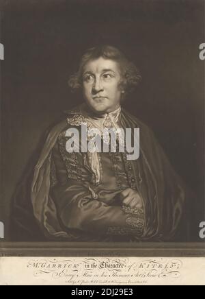 David Garrick in the Character of 'Kitely', John Finlayson, 1730–1776, British, after Sir Joshua Reynolds RA, 1723–1792, British, Published by Henry Parker, 1725–1809, British, and John Finlayson, 1730–1776, British, 1769, Mezzotint on moderately thick, slightly textured, beige laid paper, Sheet: 14 7/8 × 10 13/16 inches (37.8 × 27.5 cm) and Image: 13 3/8 × 10 13/16 inches (34 × 27.5 cm), buttons, cape, cloak, collar, embroidery, Every Man in His Humour (1598), play by Benjamin Jonson (1572-1637), lace, literary theme, posing, tassels, vest Stock Photo
