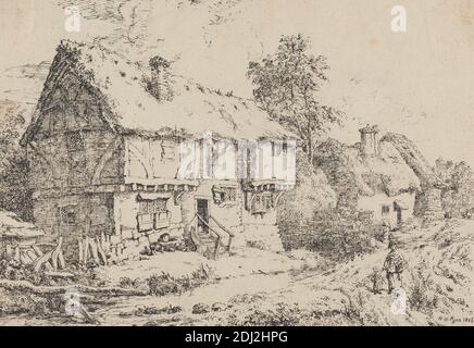 Old Cottages, William Henry Pyne, 1769–1843, British, 1806, Lithograph on gray laid paper, Sheet: 7 1/2 x 10 7/8in. (19.1 x 27.6cm) and Plate: 7 1/2 x 10 7/8 inches (19.1 x 27.6 cm Stock Photo