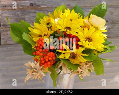 Bunch Of Flowers In A Vase, Autumnal Bouquet From The Own Garden Stock Photo