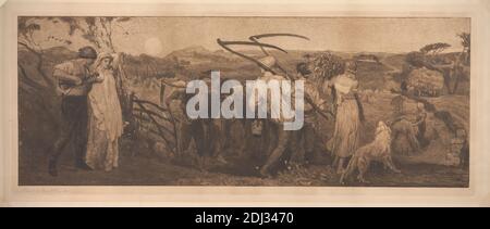 The Harvest Moon, Print made by Robert Walker Macbeth, 1848–1910, British, after George Heming Mason, 1818–1872, British, 1883, Etching on medium, slightly textured, cream wove paper, Sheet: 14 3/8 × 35 3/8 inches (36.5 × 89.9 cm), Plate: 14 × 34 7/8 inches (35.6 × 88.6 cm), and Image: 12 3/4 × 33 3/4 inches (32.4 × 85.7 cm Stock Photo