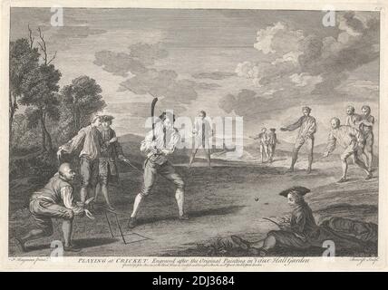 Games at Vauxhall: Playing at Cricket, Print made by Guillaume Philippe Benoist, 1725–ca. 1770, French, after Francis Hayman, 1707/8–1776, British, Published by John Bowles, 1701–1779, British, Published by Carington Bowles, 1724–1793, British, ca. 1743, Etching with stipple engraving on medium, slightly textured, cream laid paper, Sheet: 10 1/2 x 14 13/16 inches (26.7 x 37.6 cm), Plate: 10 1/16 x 14 7/16 inches (25.5 x 36.6 cm), and Image: 9 1/4 x 13 7/8 inches (23.5 x 35.3 cm), ball, bat, blouses, breeches, city, clouds, coats, competition, cricket, cricket ball, cricket bat, cricket fields Stock Photo