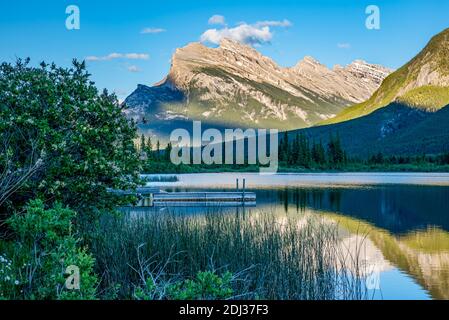 View of Mount Rundle reflected in the water of Vermillion Lakes in Banff, with a dock and greenery in the foreground Stock Photo