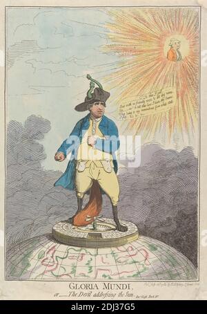 Gloria Mundi, or - The Devil Addressing the Sun, James Gillray, 1757–1815, British, 1782, Etching, hand-colored, Sheet: 12 1/8 x 8 1/2in. (30.8 x 21.6cm Stock Photo