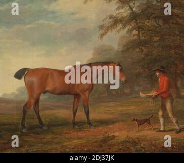 A Bay Horse Approached by a Stable-Lad with Food and a Halter, George Garrard, 1760–1826, British, 1789, Oil on canvas, Support (PTG): 24 1/4 x 29 1/2 inches (61.6 x 74.9 cm), animal art, boy, breeches, buckles, child, clouds, collar, dog (animal), hills, ring, stockings, trees Stock Photo