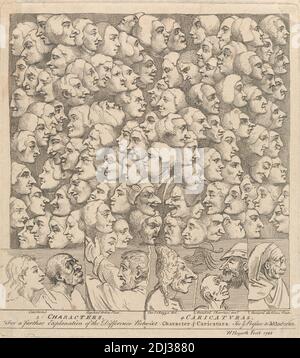 Subscription Ticket: Three Characters and Four Caricaturas, William Hogarth, 1697–1764, British, 1743, Etching, Sheet: 9 3/8 x 8 15/16in. (23.8 x 22.7cm Stock Photo