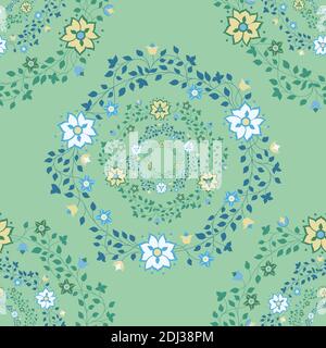 Seamless floral pattern colored flowers on green background. Stock Vector