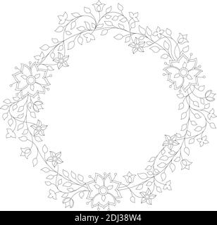 black and white floral frame round on white background. Stock Vector