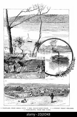 Engraving of various views of Sydney, circa 1880, from top: Clontarf, from Shell Cove; Mrs Macquarie's Chair; a Sydney ferry steamer; Parramatta from the park Stock Photo