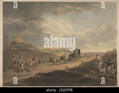 His Majesty King George III returning to Town from Windsor with an Escort of tenth Prince of Wales' Own Light Dragoons., Charles Turner, 1774–1857, British, after Richard Barrett Davis, 1782–1854, British, 1806, Hand colored mezzotint, Sheet: 20 7/8 x 28 1/4in. (53 x 71.8cm Stock Photo