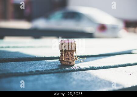 Sparkling wine cork with cap on a table outside Stock Photo