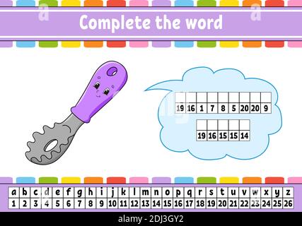 Complete the words. Cipher code. Learning vocabulary and numbers. Education worksheet. Activity page for study English. Isolated vector illustration. Stock Vector