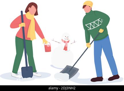 Couple building snowman flat color vector faceless characters Stock Vector
