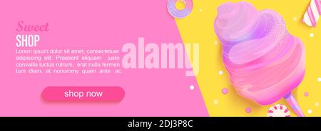Sweet shop horizontal banner with cotton candy. Stock Vector