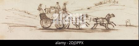A Mail Coach in a Hilly Landscape, William Makepeace Thackeray, 1811–1863, British, undated, Pen, in brown ink on medium, slightly textured, blued white, laid paper, Sheet: 2 5/8 × 8 7/8 inches (6.7 × 22.5 cm), coach (carriage), driving, figures (representations), genre subject, hills, horses (animals), landscape, mailing, men Stock Photo
