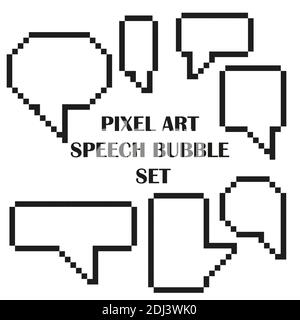 White speech bubbles with black pixel art set. Funny conversation conversation icons pixelated vector illustration Stock Vector