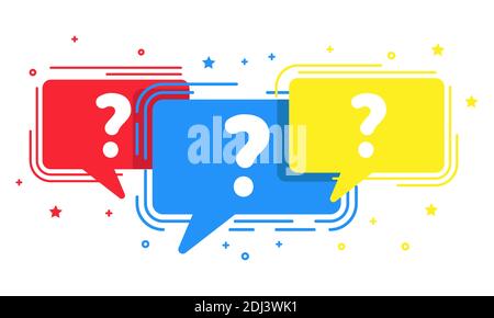 Flat question mark in speech bubble background multicolored. FAQ symbol flying bubbles with question vector illustration Stock Vector