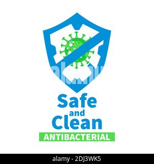 Antibacterial logo from bacteria virus with shield and prohibition sign. Safe and clean virus logo vector illustration coronavirus icon Stock Vector