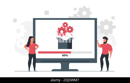 Device firmware and software installation. People are trying to update the device. Man and woman firmware device engineering vector illustration Stock Vector
