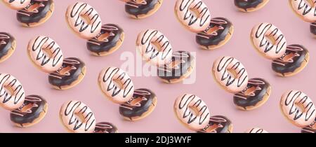 Sweet trendy glazed chocolate and pink donut on bright light pink background pattern. Minimal isometric summer food concept. Stock Photo