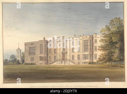 North Front of Castle Ashby, Northamptonshire; The Seat of the Marquis of Northampton, John Buckler FSA, 1770–1851, British, and John Chessell Buckler, 1793–1894, British, 1815, Watercolor and pen and black ink on moderately thick, cream wove paper, Sheet: 14 × 19 3/4 inches (35.6 × 50.2 cm) and Image: 11 3/4 × 17 3/4 inches (29.8 × 45.1 cm), architectural subject, bay windows, castle, chimneys, country house, mullions, transoms (windows), windows, Castle Ashby, England, Europe, Northamptonshire, United Kingdom Stock Photo