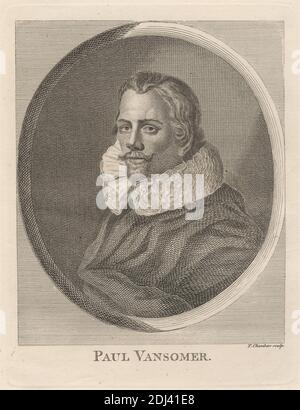 Paul Van Somer, Print made by Thomas Chambars, ca. 1724–1789, British, after unknown artist, undated, Etching on moderately thick, smooth, cream wove paper, Sheet: 11 7/8 x 9 1/8 inches (30.1 x 23.1 cm), Plate: 6 5/8 x 5 1/8 inches (16.8 x 13 cm), and Image: 4 15/16 x 4 3/16 inches (12.5 x 10.7 cm), cloak, gaze, man, moustache, oval, portrait, pose, posing, ruff Stock Photo