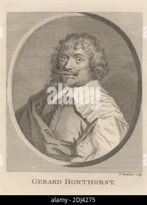 Gerard Honthorst, Print made by Thomas Chambars, ca. 1724–1789, British, after unknown artist, undated, Etching on moderately thick, smooth, cream wove paper, Sheet: 11 13/16 x 9 1/8 inches (30 x 23.2 cm), Plate: 6 9/16 x 5 1/16 inches (16.7 x 12.9 cm), and Image: 5 1/8 x 4 5/16 inches (13 x 11 cm), beard, buttons, cape, collar, curls, man, moustache, oval, portrait Stock Photo