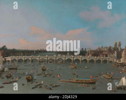 Westminster Bridge, with the Lord Mayor's Procession on the Thames, Canaletto, 1697–1768, Venetian, active in Britain (1746–55), 1747, Oil on canvas, Support (PTG): 37 3/4 x 50 1/4 inches (95.9 x 127.6 cm), barges (ceremonial watercraft), barges (flat-bottomed watercraft), boats, bridge (built work), cathedral, celebration, church, cityscape, commemoration, event, festival, flags, holiday, Lord Mayor’s Day procession, monument, people, procession, river, rowboats, sailboats, ships, sloops (sailing vessels), City of Westminster, England, Europe, Greater London, London, Thames, United Kingdom Stock Photo