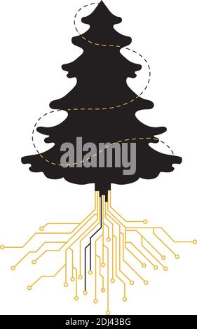 Digital black Christmas tree with roots from computer board on white background, illustration. Concept for New Year card, banner, mail, for the IT sph Stock Vector