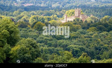 An elevated view of Highclere Castle taken from Beacon Hill in Hampshire, England. Stock Photo