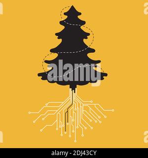 Digital black Christmas tree with roots from computer board on yellow background, illustration. Concept for New Year card, banner, mail, for the IT sp Stock Vector