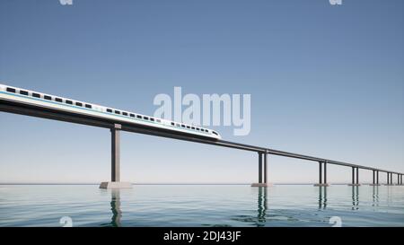 Hyperloop in 3d style in ocean sea Future transportation Subway station Green energy Train metro 3d render Stock Photo