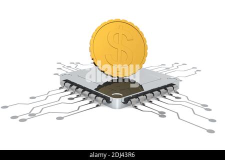 Computer chip and golden coin isolated, 3d rendering Stock Photo