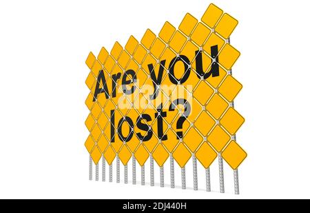 Giant yellow road signs with are you lost word, 3D rendering Stock Photo