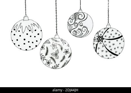 Set of simple Christmas baubles isolated on white, winter banner design with Christmas balls, black line art Christmas ornaments Stock Photo