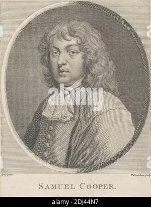 Samuel Cooper, Print made by Thomas Chambars, ca. 1724–1789, British, after Samuel Cooper, 1609–1672, British, undated, Etching on moderately thick, slightly textured, cream wove paper, Sheet: 6 1/4 x 4 13/16 inches (15.9 x 12.3 cm) and Image: 5 1/8 x 4 7/16 inches (13 x 11.3 cm), buttons, coat, cravat, curls, gaze, man, oval, portrait, posing Stock Photo