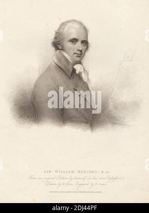 Sir William Beechey, R. A., Print made by Richard Cooper the Younger, 1740–1814, British, after William Evans, active 1797–1856, British, after Sir William Beechey, 1753–1839, British, Published by Thomas Cadell the younger, 1773–1836, British, Published by William Davies, 1776–1820, British, 1814, Crayon manner, stipple engraving, and line engraving on moderately thick, moderately textured, cream wove paper, Sheet: 15 3/4 x 11 7/16 inches (40 x 29 cm), Plate: 14 15/16 x 11 7/16 inches (38 x 29 cm), and Image: 6 7/8 x 8 7/16 inches (17.5 x 21.5 cm), artist, coat, cravat, easel, man, painting ( Stock Photo