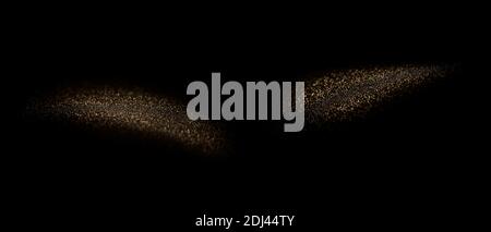 Two magic brush strokes of golden dust in air on black background Stock Photo