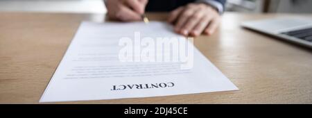 Horizontal banner close up businessman signing contract, legal documents Stock Photo
