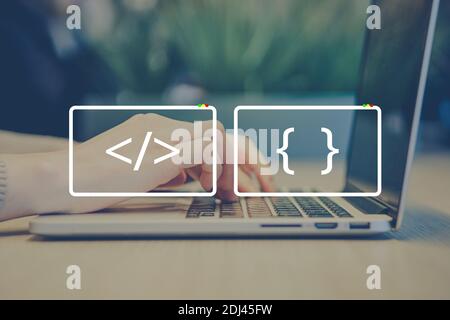 Professional programmer concept with abstract coding icons. Stock Photo