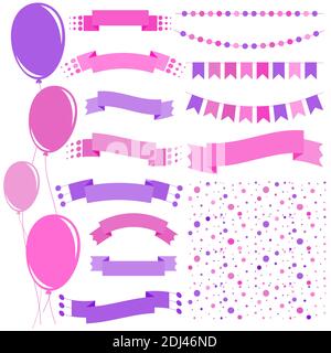 Set of flat pink and purple isolated balloons on ropes and garlands of flags. A set of ribbons of banners of different shapes. Background in the form Stock Vector