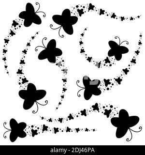 Set of black silhouettes. A flock of abstract cartoon butterflies flying one after another. Stock Vector