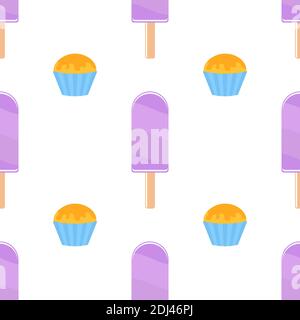 Seamless pattern of flat purple Popsicles on wooden sticks. Watered colored glaze. On a white background. Stock Vector