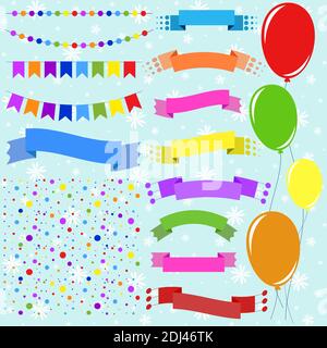 Set of flat colored isolated balloons on ropes and garlands of flags. A set of ribbons of banners of different shapes. Background in the form of confe Stock Vector
